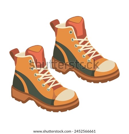 Hiking or trekking boots. Fashion casual walking footwear. Trendy trekking shoes with flat sole and laces. Vector flat hand draw illustration isolated on the white background