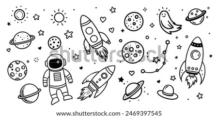 Hand drawn space. Doodle space planets, astrology cosmic doodles. Cosmos hand-drawn doodle set. Vector illustration