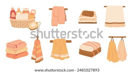 Bath towels vector illustrations set. Clean towels bundle isolated on white background. Bathroom Towels Set, Hygiene and Bath Accessories Vector Illustration. 