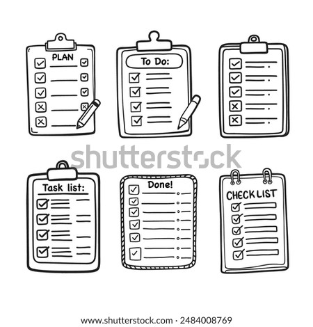 Doodle checklist set. To do, task list with check mark vector illustration. Hand drawn sketch style memo page.