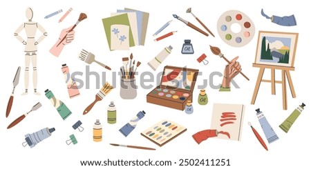 Art supplies, tools set. Paints palettes, brushes, pencil kit, pen, sketchbook, easel and canvas. Trendy modern vector illustration isolated on white, hand drawn, flat design.