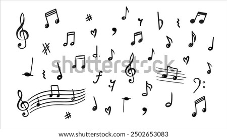 Music notes on a white background. Hand drawn music note. Doodle drawing music symbol sketch. Vector icons 