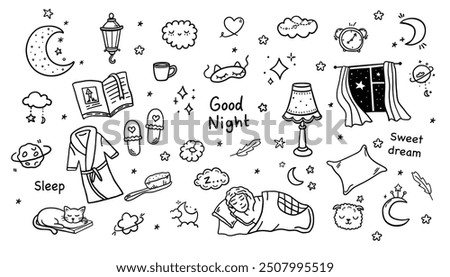 Sleep, relax time, dream night doodle set.  Hand drawn sketch style. Moon, cat, star, lamp element.  Vector illustration.