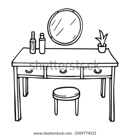 Dressing table with mirror. Hand drawn vector illustration in doodle style.