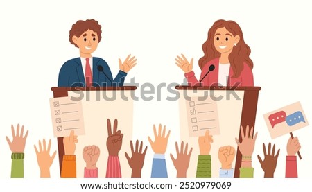 Man and woman speaking from tribune. Debate. Male and female characters speaking from tribunes. Demonstration, conference, meeting, voting. Vector illustration