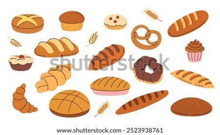 Bakery products set. Homemade bread. Bread, croissant, baguette, muffin, croissant, buns, pretzel, bagel. Vector illustration