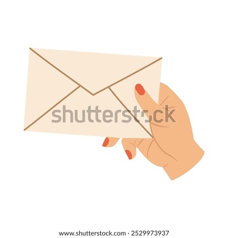 Hand holding envelope. Trendy post cards, mail delivery vector. Envelope mail correspondence in hands.