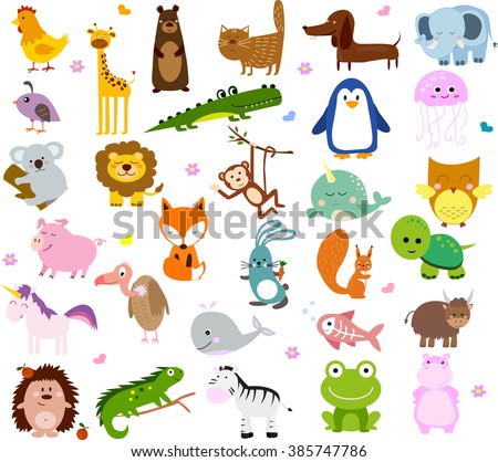 Vector illustration of cute animals and birds: alligator, Fox, giraffe ...