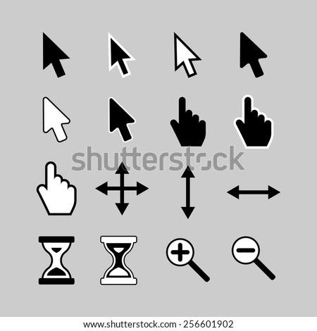 Set of cursor icons: arrow, hand, hourglass,magnifier.