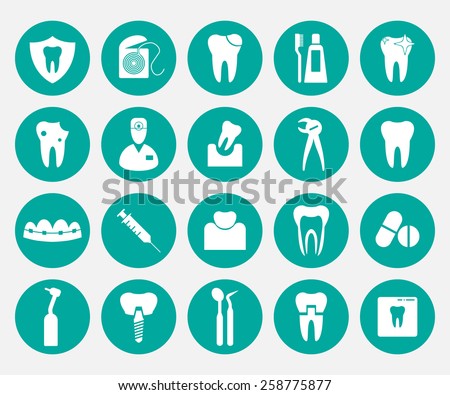 Set of white dental icons in green circles.