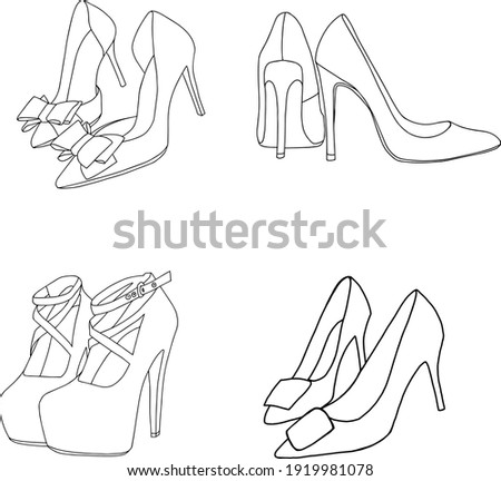 Doodle set with female shoes. Line. Vector sketch illustration