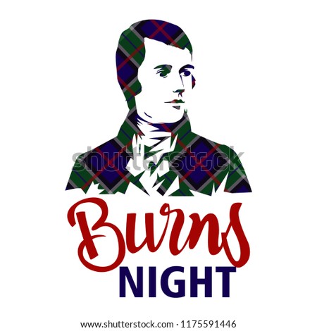 Burns night card with Robert Burns on tartan background. 