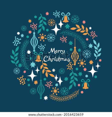 Merry Christmas wreath with snowflakes, leaves, stars. Vector illustration.  Photo stock © 