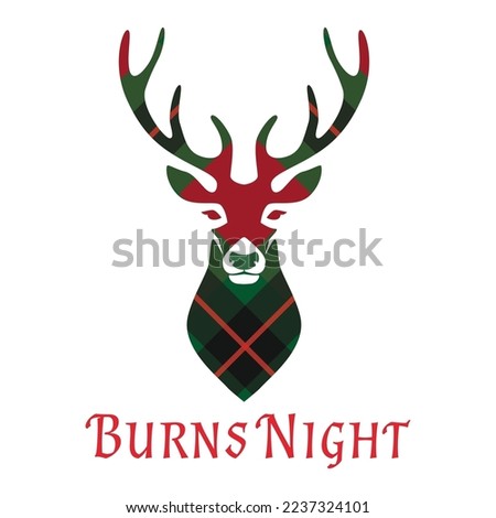 Burns nights supper card with head of deer on tartan background.