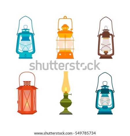 Set antique oil lanterns. Vector illustration.