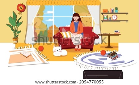 Good morning hello early morning at home drinking tea and cat playing vector illustration  