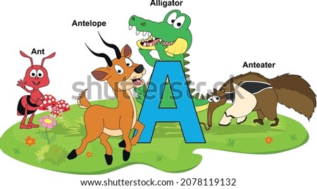 cute animal cartoon with alphabet letter A