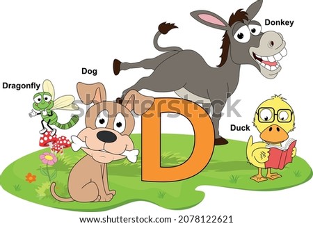 cute animal cartoon with alphabet letter D