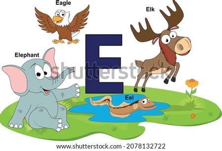 cute animal cartoon with alphabet letter E