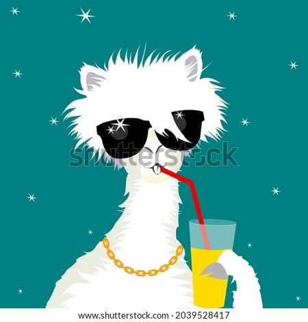 An alpaca,a llama in sunglasses drinks a cocktail and juice from a glass through a straw.A gold chain around her neck.A starry sky, a party, a vacation on the beach. Summer trip.The way of a rich life