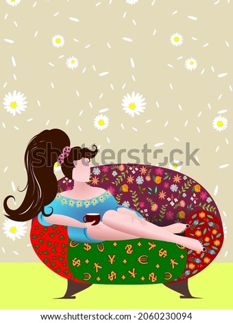 A woman, a girl with long hair in a bathrobe with a cup of coffee in her hands is lying on the sofa. A day off from work. Money meditation. Stylish interior of the living room and bedroom.