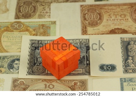 Orange small box on the old, historical Polish bills, notes.
