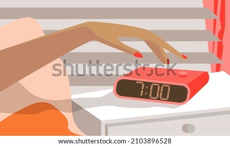 Flat design composition with girl’s hand pushing on button alarm clock