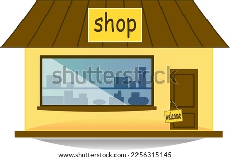 Convenience store face view of shop building with showcase entrance and signboard lettering