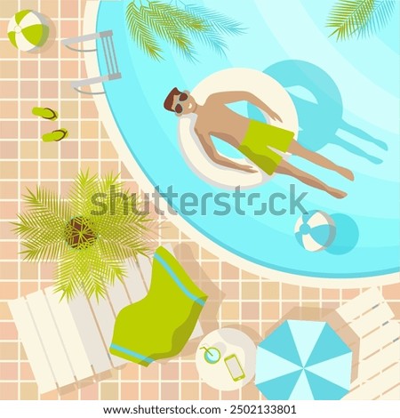 Young man dressed in a swimsuit and sunglasses takes a sunbathe in a swimming pool surrounded by tropical plants on square backdrop