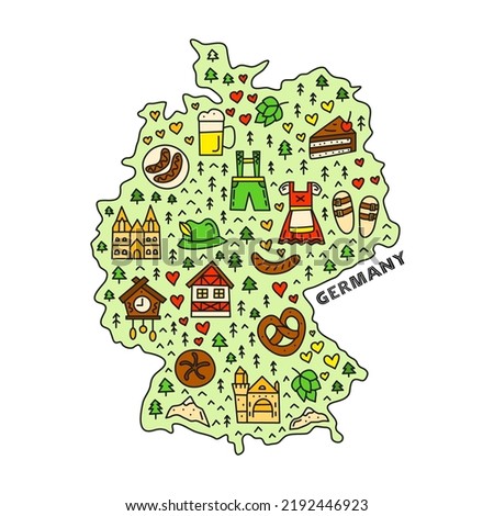Doodle colored Germany tourist map with national landmarks and attractions isolated on white background. Welcome poster. Bavarian tourism concept.
