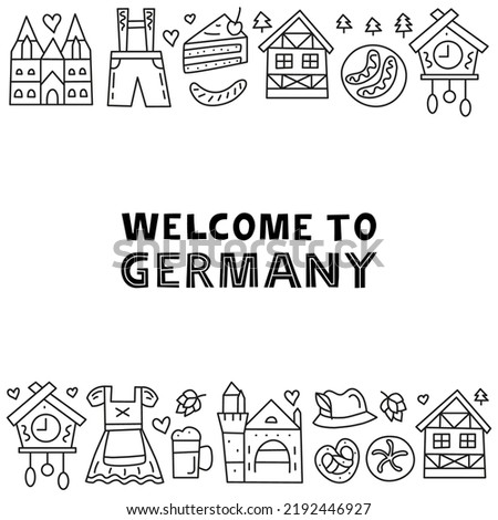 Poster with German national landmarks and attractions in doodle style on white background. Welcome to Germany banner. Bavarian tourism concept.