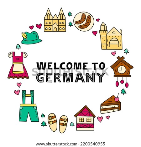 German national landmarks and attractions in doodle style composed in circle shape. Welcome poster. Bavarian tourism concept.