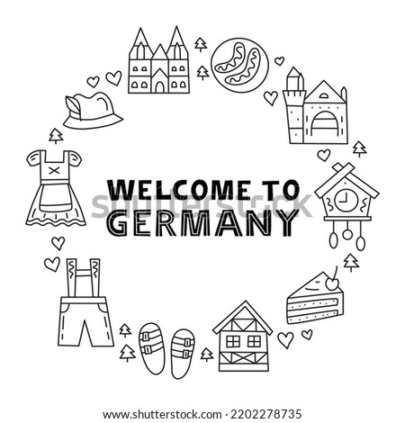 German national landmarks and attractions in doodle style composed in circle shape. Welcome poster. Bavarian tourism concept.