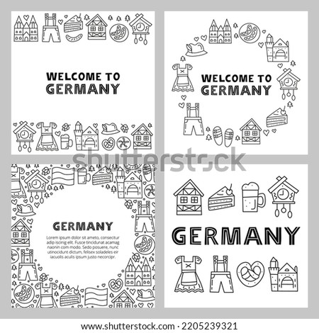 Set of German posters with national landmarks and attractions in doodle style isolated on white background. Bavarian tourism concept.
