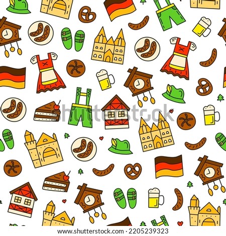 Seamless pattern with colored German national landmarks and attractions in doodle style.
