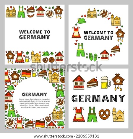 Set of German posters with national landmarks and attractions in doodle style isolated on white background. Bavarian tourism concept.