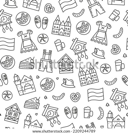 Seamless pattern with outline German national landmarks and attractions in doodle style.