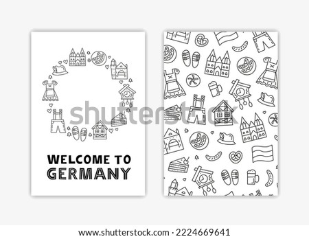 Cards with German national landmarks and attractions in doodle style isolated on grey background. Bavarian tourism concept.