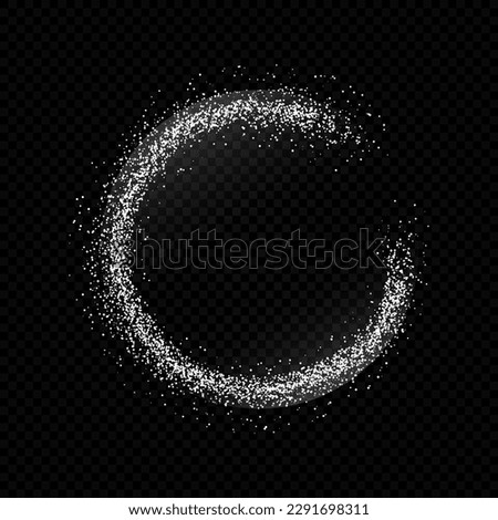 White sugar round frame isolated on black background. Circle of powder particles. Flying salt on dark. Baking flour top view. Crushed chalk pieces.