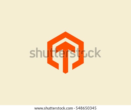 Abstract letter T arrow vector logotype. Line hexagon creative simple logo design template.  Universal geometric symbol font icon.