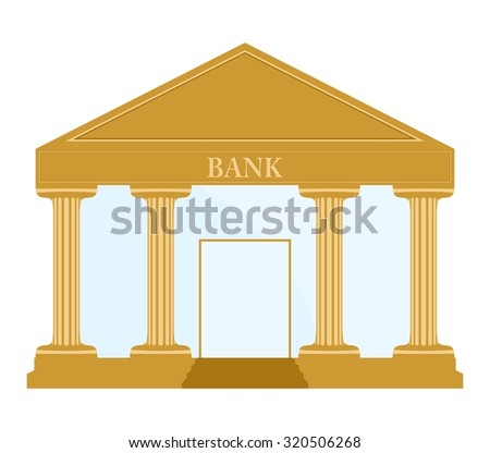 Gold Bank building with columns, stairs, roof inscription bank door and glass wall