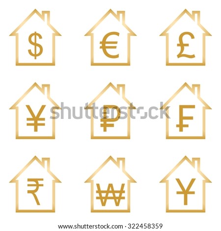 Set of golden symbols of global financial currencies in brown contours home