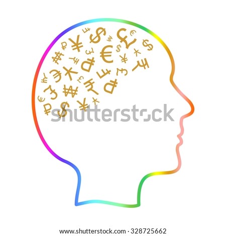 Color contour of a human head with golden world currencies in the brain on a white background