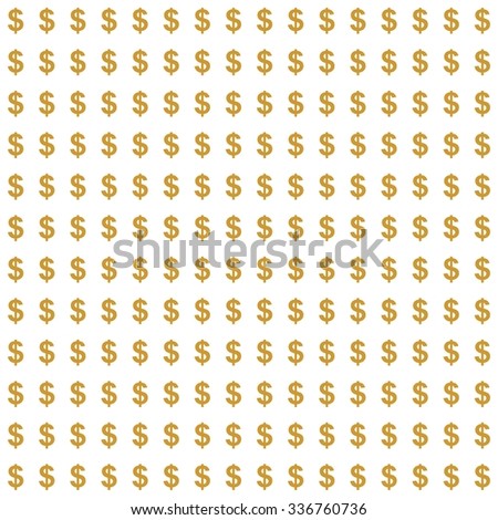 Background with a gold symbol of the US dollar in a row and under each other on a white background