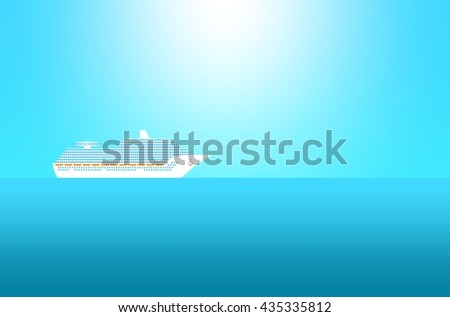 Summer sea landscape with blue sea and blue sky with shining sun and ocean with a large transatlantic cruise ship with windows, orange lifeboat and a black anchor with chain floating on the horizon