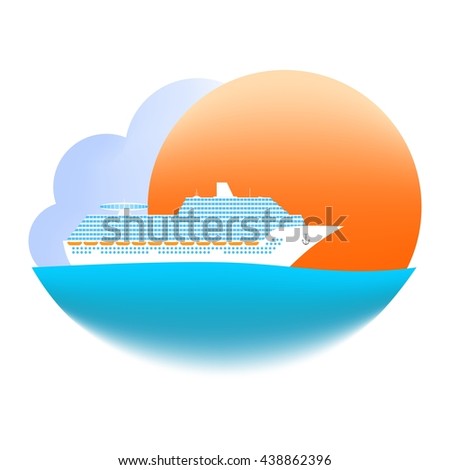Summer sea landscape with the blue ocean with white transoceanic ship at sunset with orange sun and blue cloud. The transoceanic cruise ship with windows, anchor, chain and observation tower.