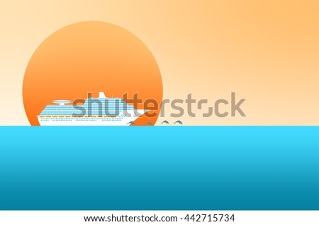 Summer landscape with large white transoceanic cruise ship at sunset with blue surface of the sea and jumping dolphins. Seascape with orange sun.
Cruise ship with windows, anchor, chain and lifeboats.