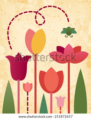 Vector retro stylized red tulips spring flowers flying beetle