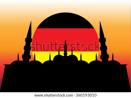 Flag of Germany on the sunset background with a mosque on it