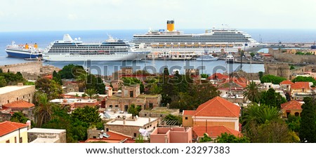 Modern nautical passenger ships in harbor of Rhodes city (Greece)